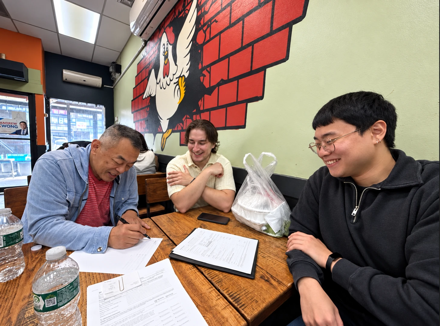 Robert signing the partnership paperwork at a restaurant table as two Inyeon team members smile.