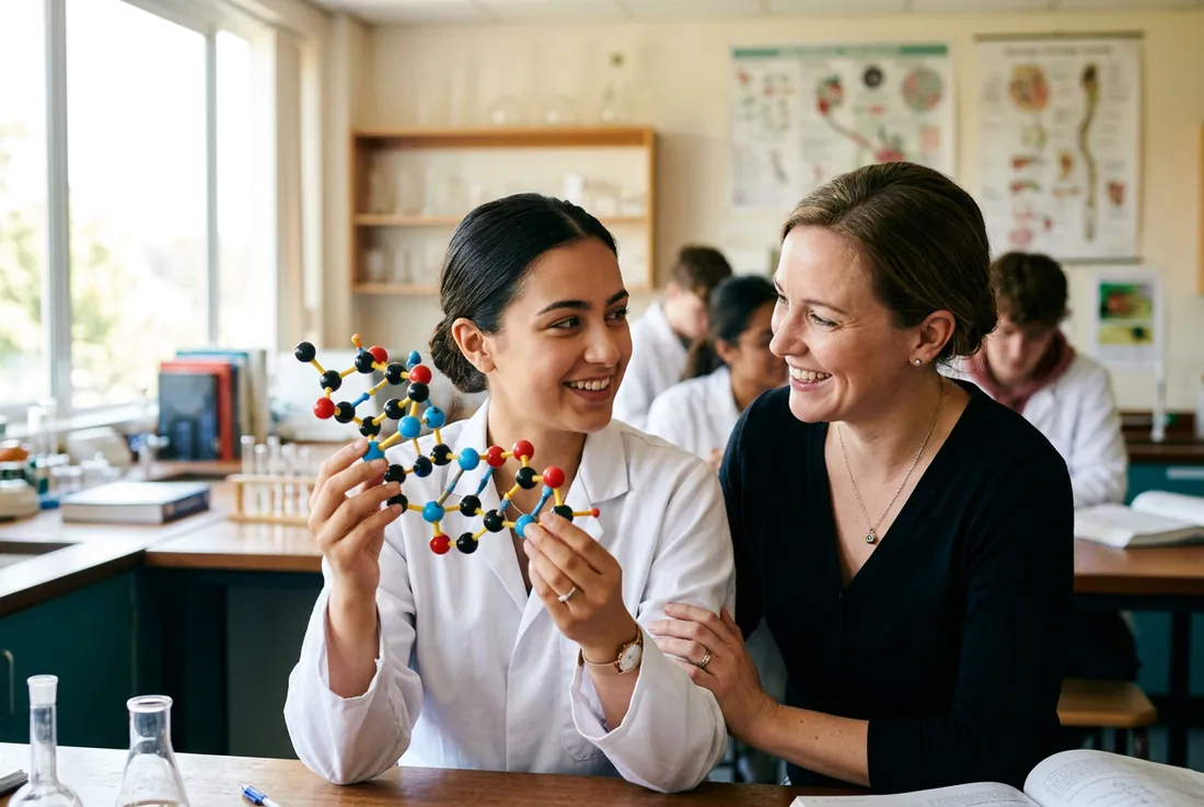 Maya holding a model molecule, lab coat