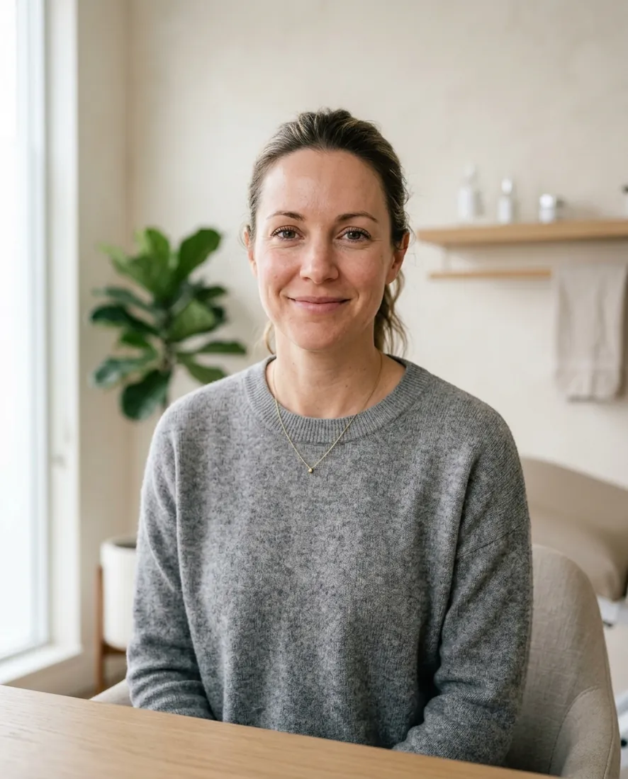 Before. Relaxed client portrait in even studio light, no makeup, day of consult