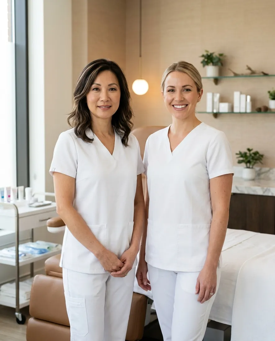 Medical director and lead nurse practitioner in clean clinical whites, warm natural light, treatment room behind