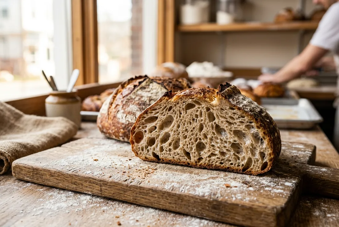 cross-section of country sourdough, open crumb, crackled crust on a flour-dusted board
