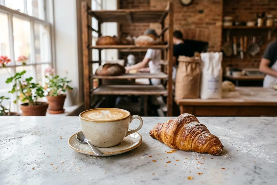 flat white with feathered latte art beside a croissant on a marble counter
