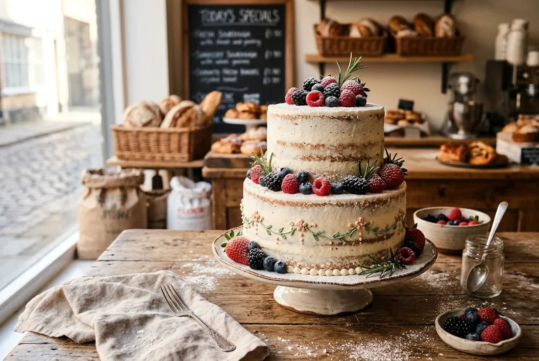 Naked layer cake, fresh berries, hand-piped “Happy Birthday”