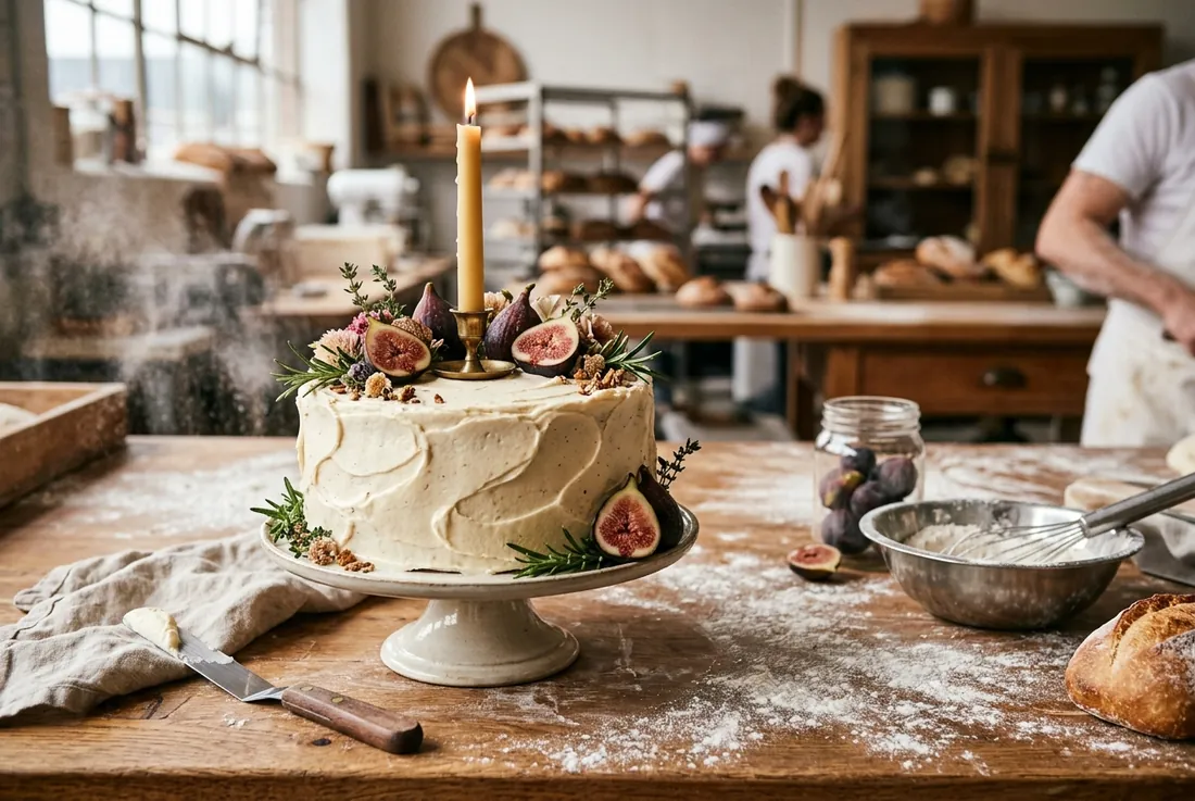 single-tier celebration cake, swooped buttercream, fresh figs and a candle