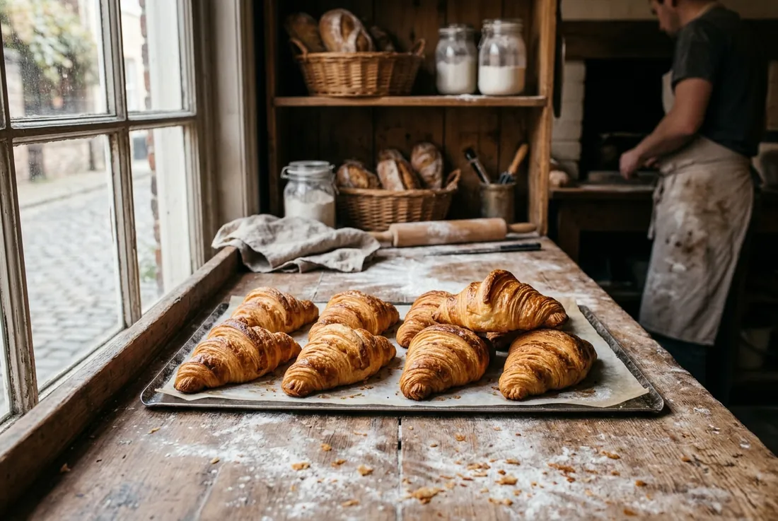 tray of golden croissants, flaky layers catching morning light