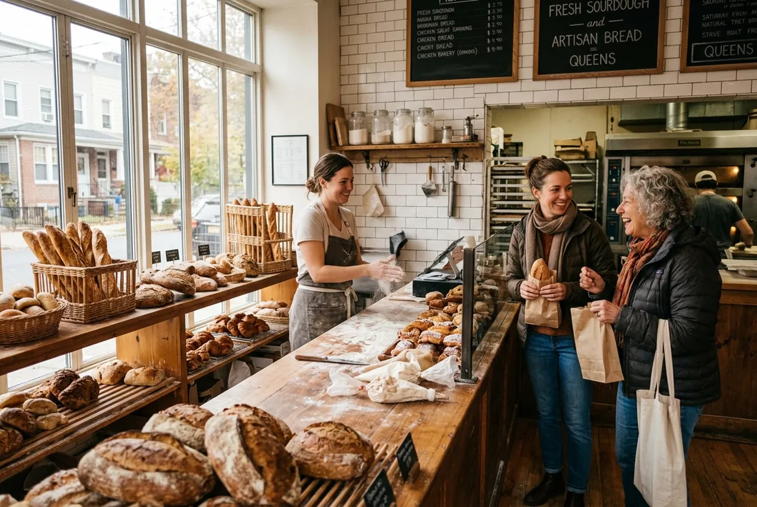 Warm wood counter, tiled wall, baskets of bread, neighbors chatting