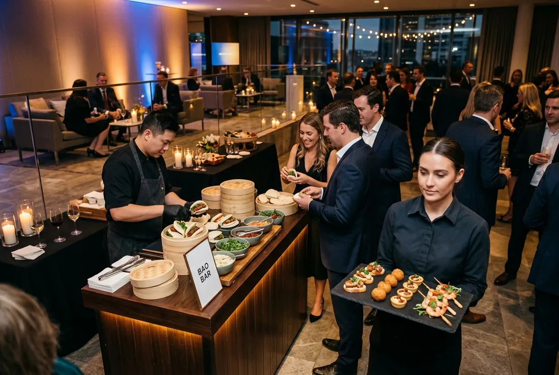 Corporate: sleek reception, bao bar & passed bites, brand-lit lounge
