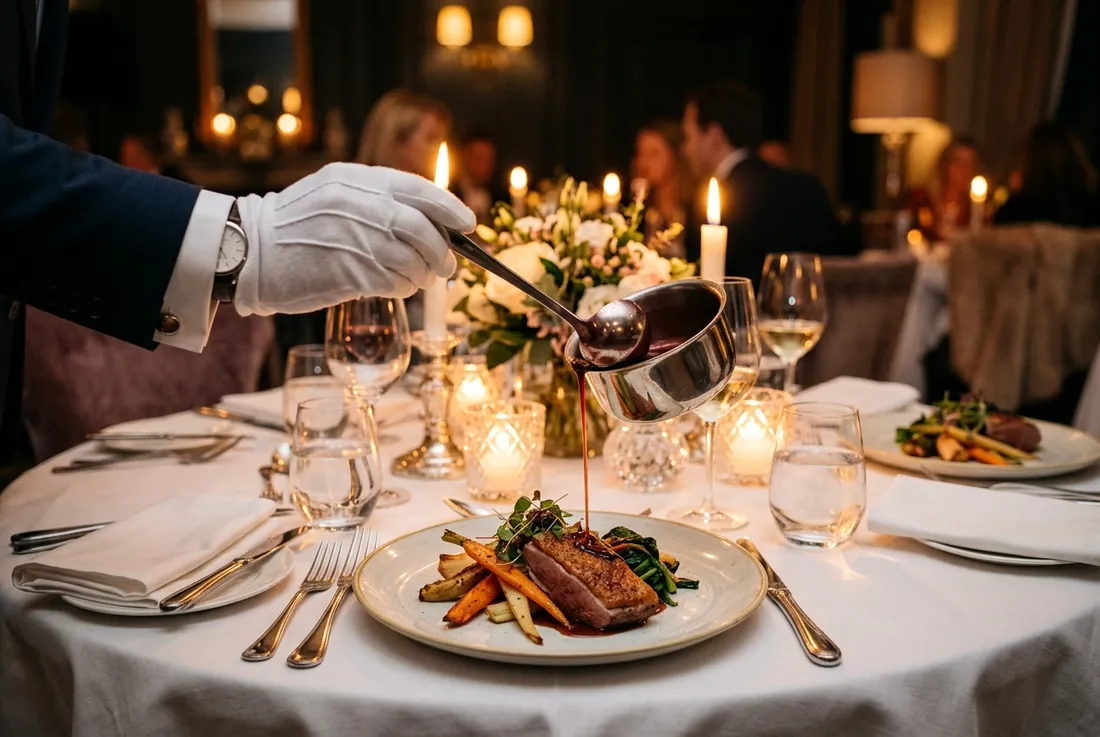 Detail: pouring sauce tableside