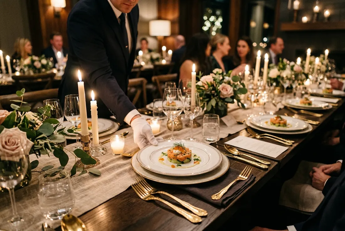 Setup: plated first course being placed, gold flatware