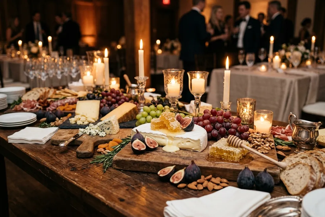 Spread: grazing table of cheeses, figs, and honeycomb on walnut