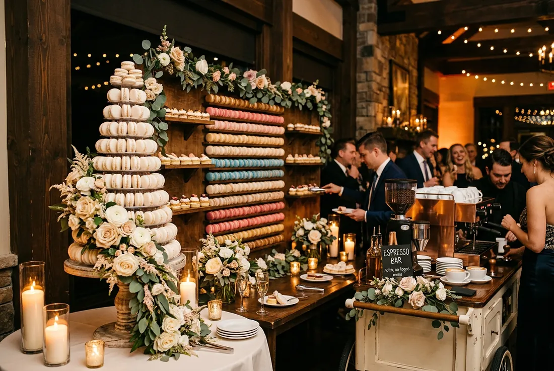 Sweet: dessert wall with macaron tower and espresso cart