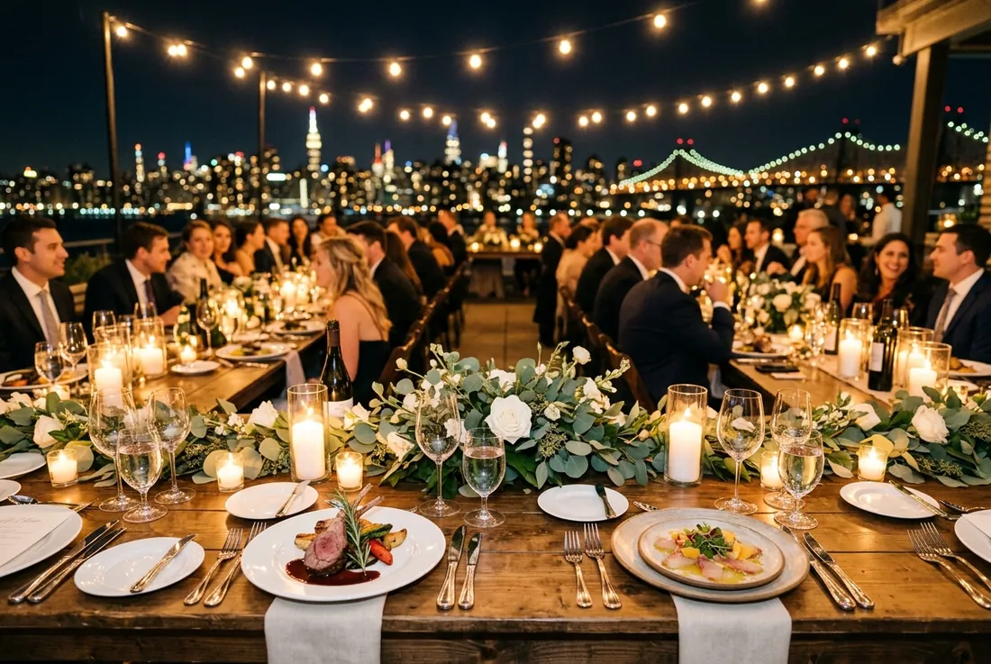Wedding: candlelit reception, long banquet tables under café lights, Astoria rooftop