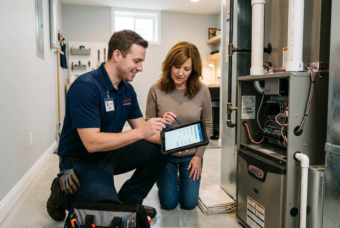 Tech in branded polo kneeling at a furnace with a tablet, showing a homeowner the on-screen flat-rate quote before starting work.