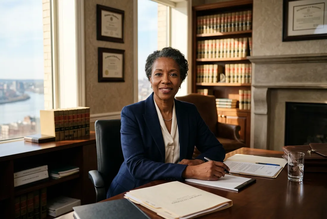 founding attorney Maya Inyeon, warm confident smile, navy blazer, framed law diplomas behind