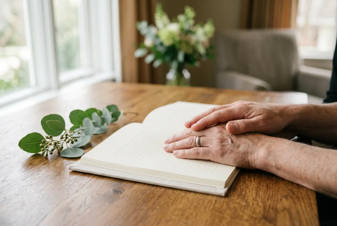 two hands resting over an open planning booklet on a calm table, soft daylight, a single sprig of eucalyptus nearby