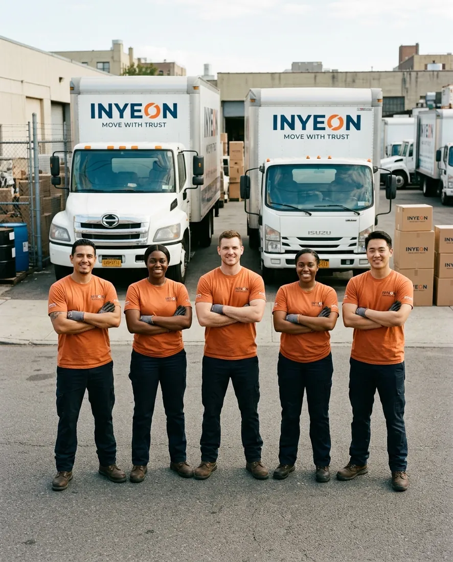 portrait of the Inyeon crew lined up in branded orange tees in front of two box trucks at the Maspeth yard, arms crossed, confident