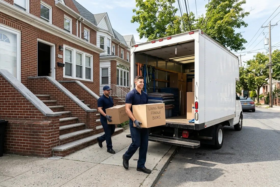 uniformed movers carrying labeled boxes from a Maspeth row-house down the stoop into a clean white box truck