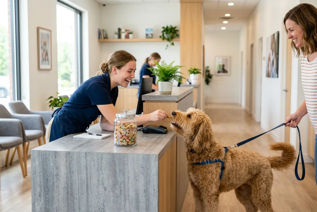 booking, cheerful front desk, leashed dog greeting staff, treat jar on counter