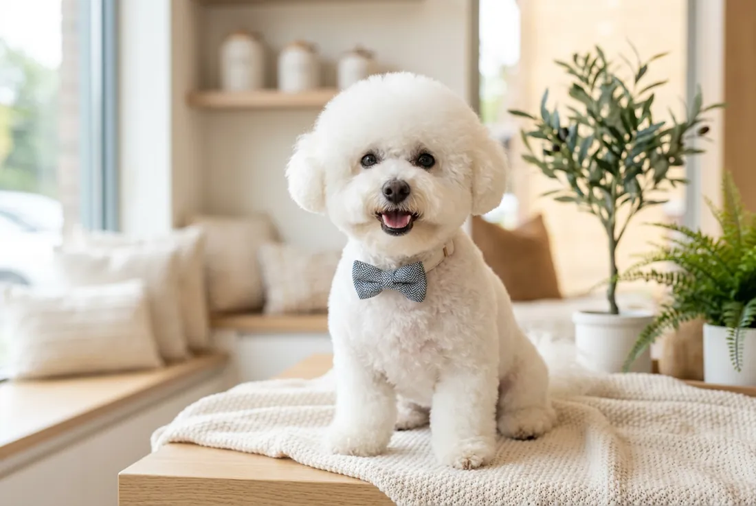 fluffy white dog post-groom, bow on collar
