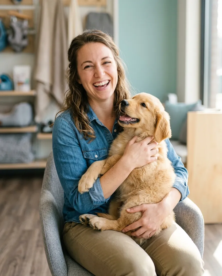 Friendly portrait of Dr. Hana Park holding/with a pet, warm studio light