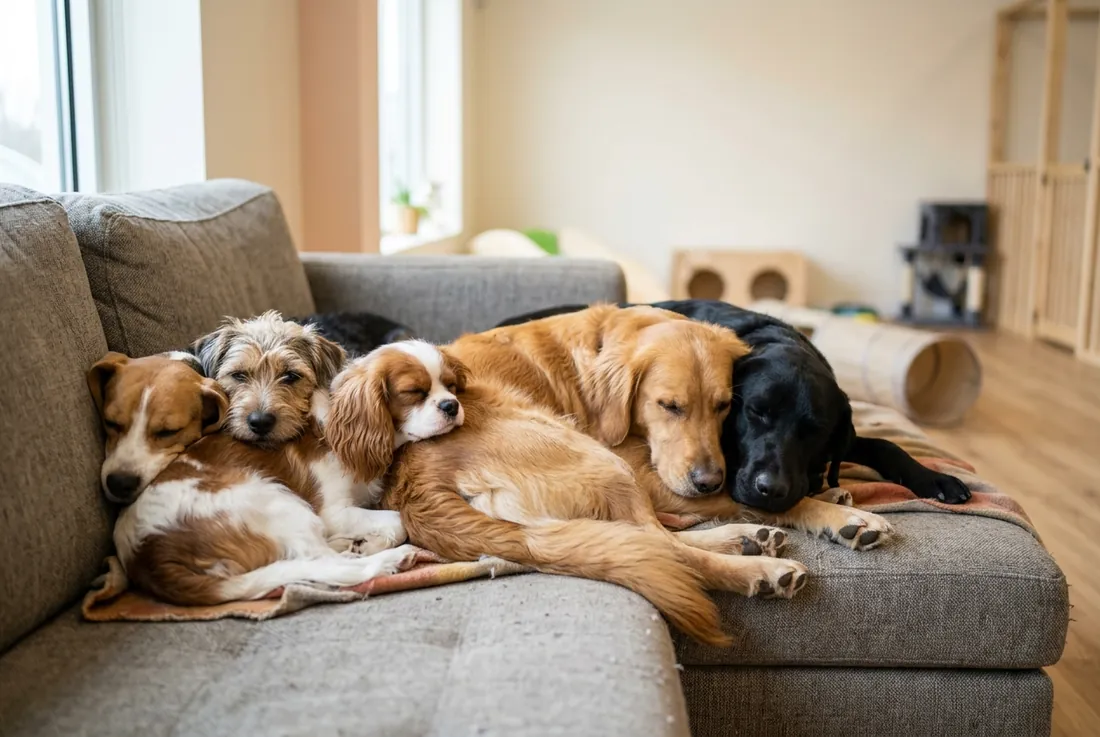 group of daycare dogs piled on a couch napping