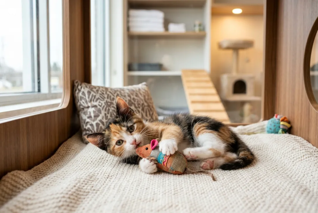 kitten in cozy boarding suite