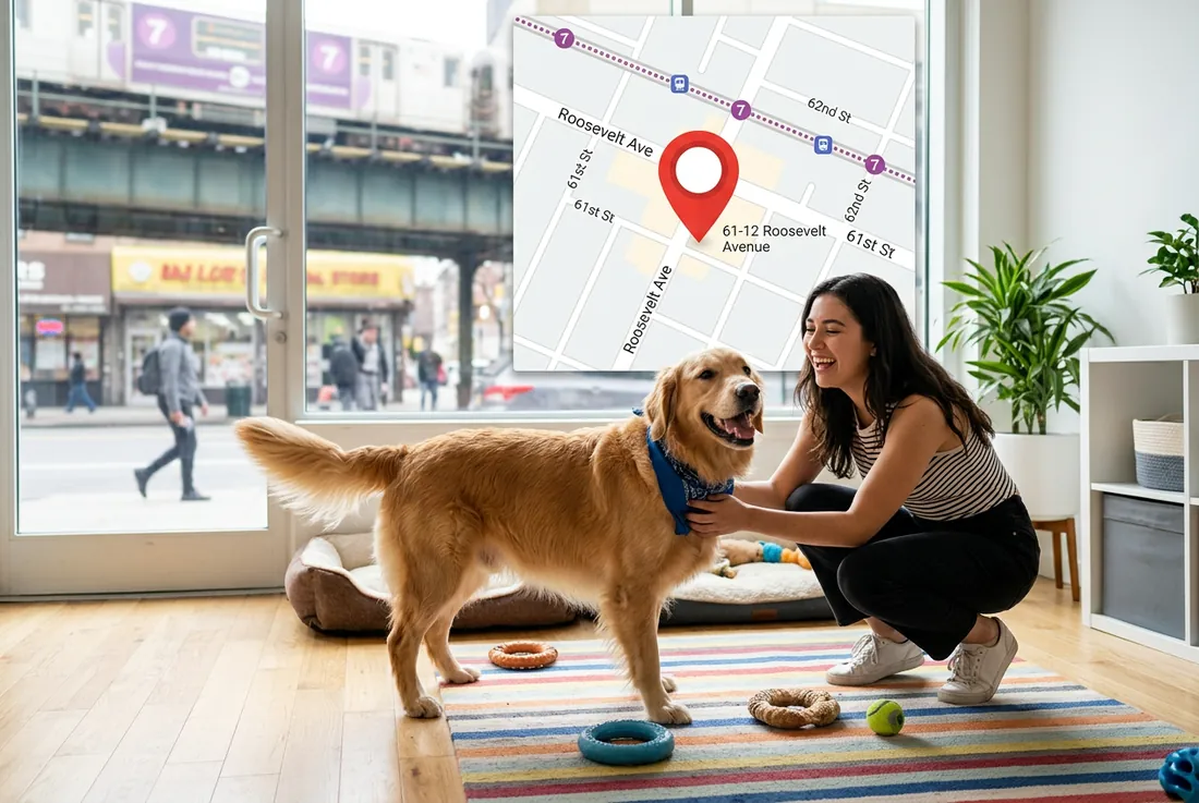 map, interactive Google Map pin at 61-12 Roosevelt Ave, Woodside, near the 7-train