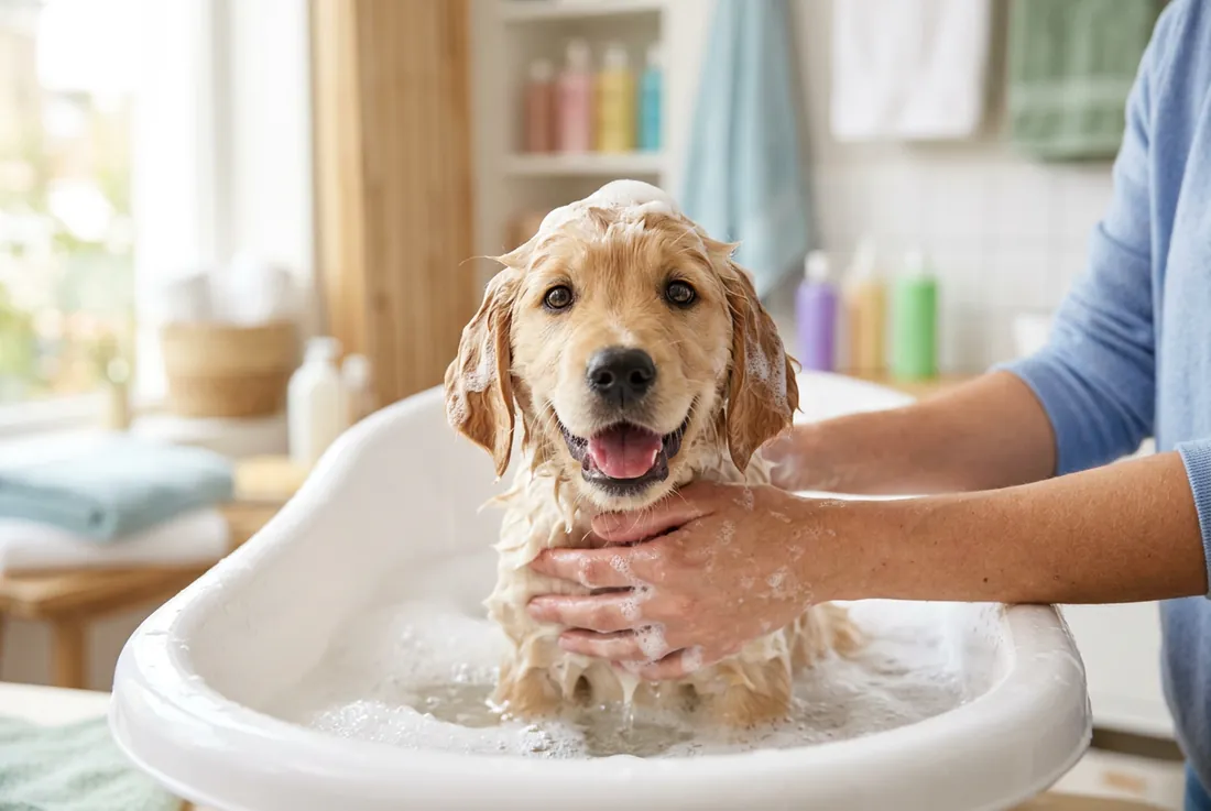 puppy first bath, soapy ears