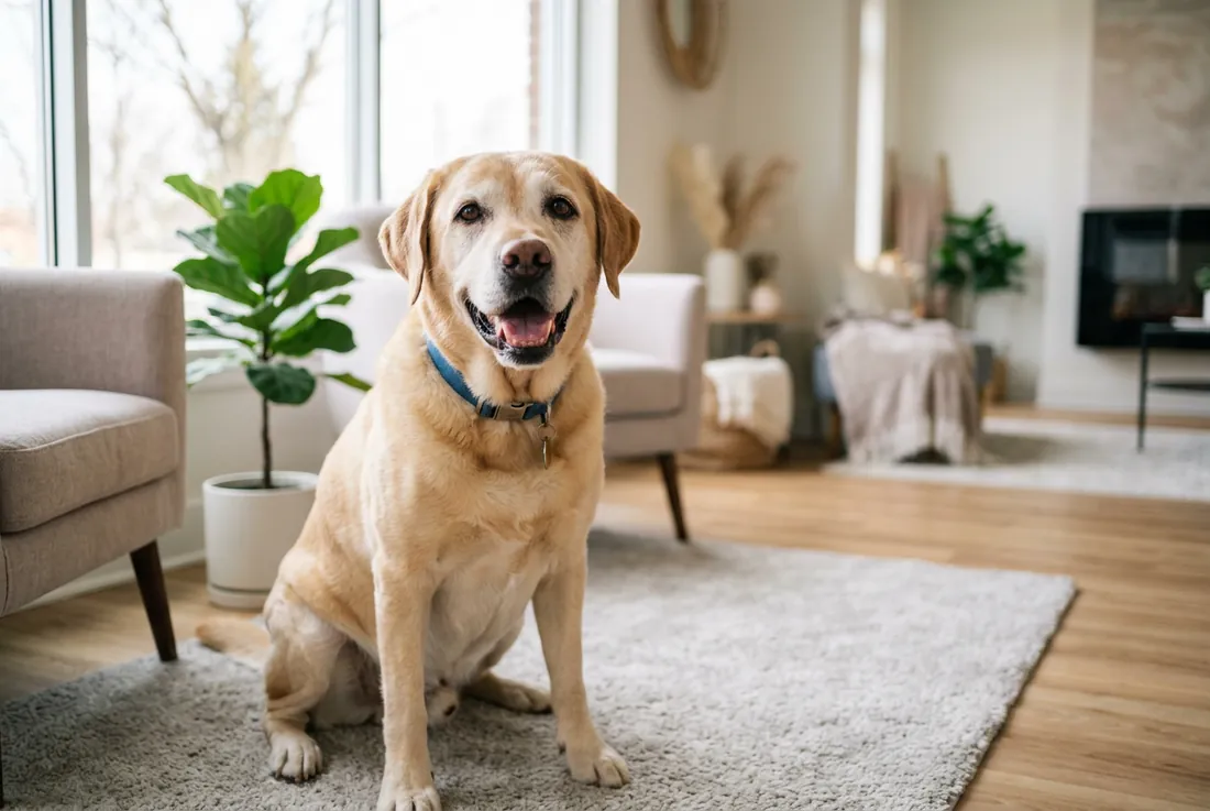 senior lab smiling, sun through window