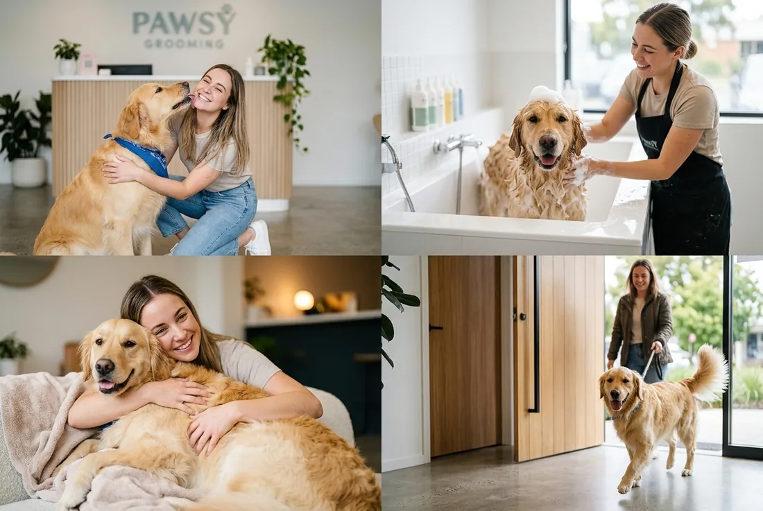 sequence of a calm dog through its visit: greeting, bath, cuddle, going home wagging