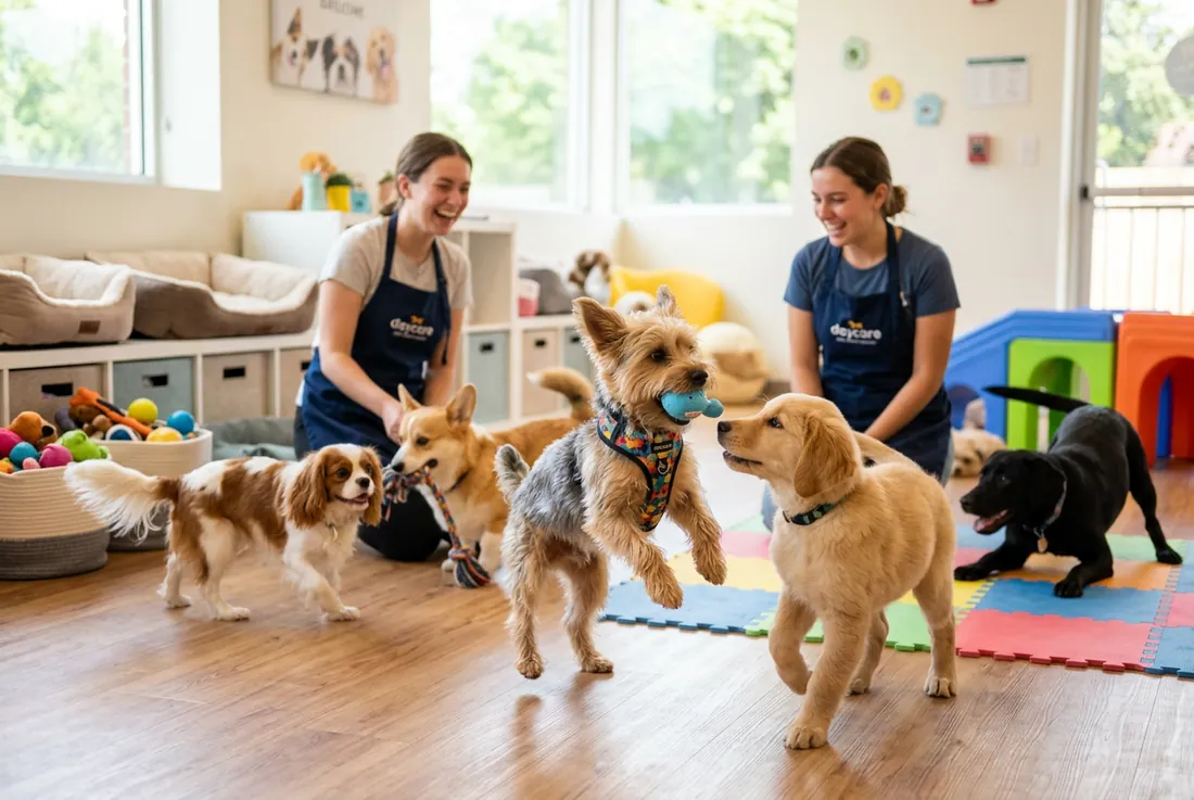 service, dogs playing in a sunny indoor daycare, soft beds and toys, staff watching happily