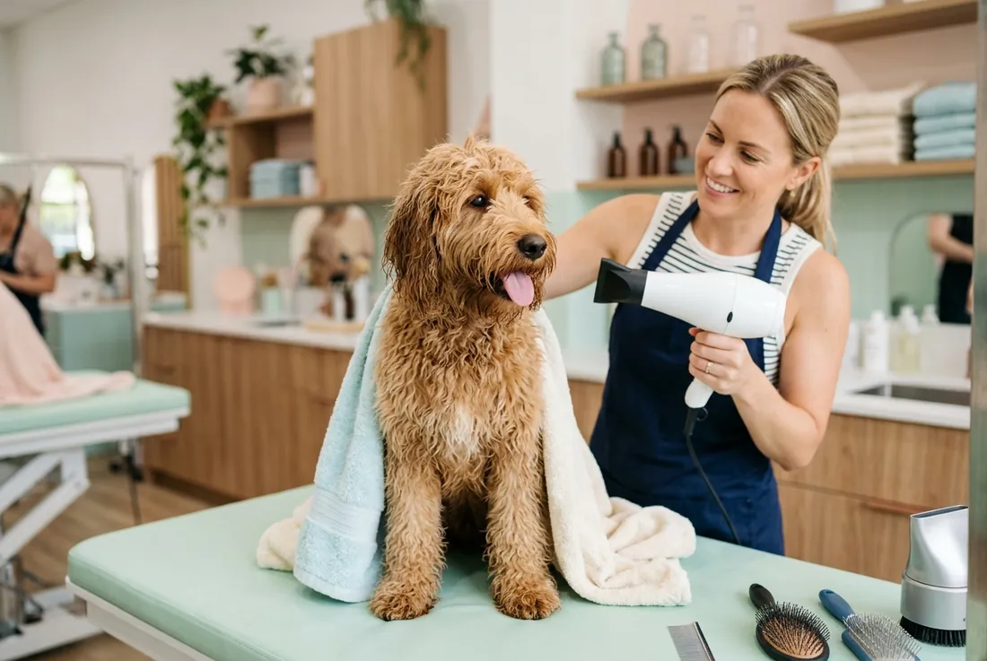 service, fluffy doodle getting a blow-dry, soft towels, pastel grooming station