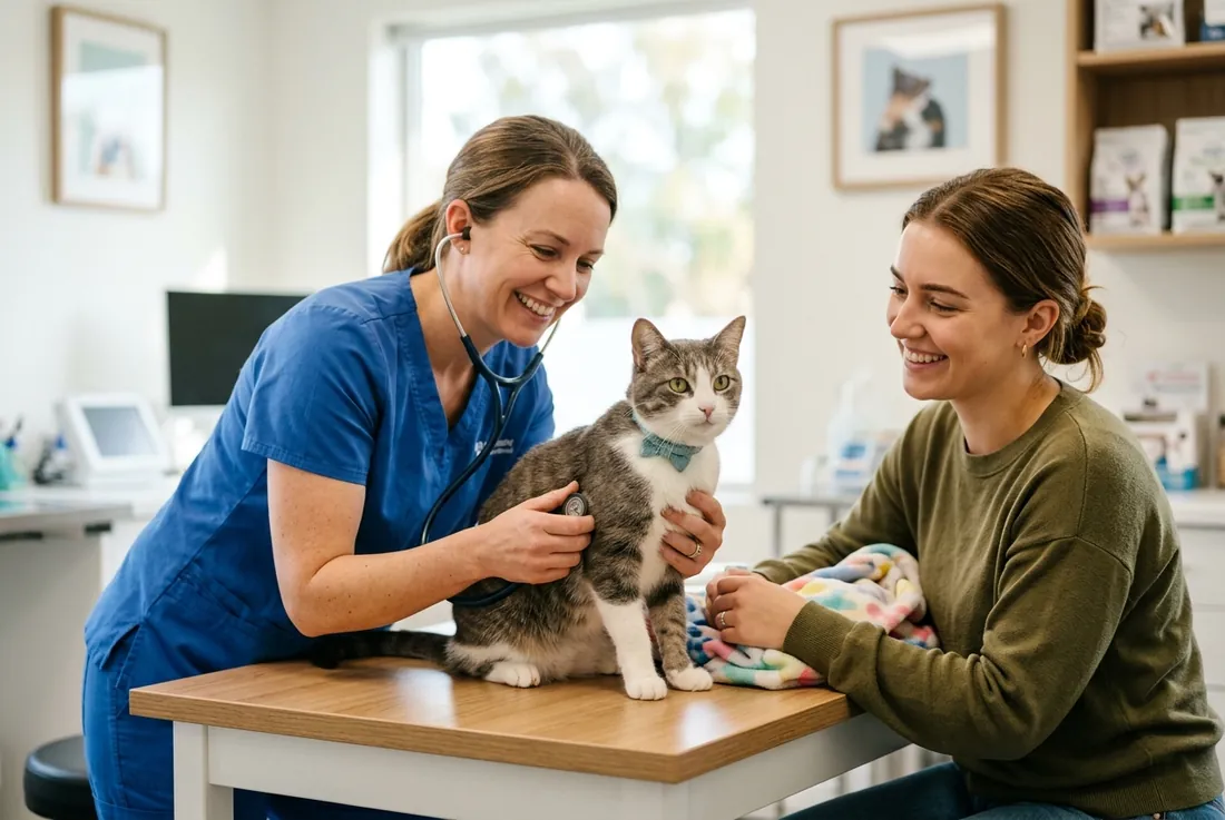 service, vet in scrubs gently examining a cat, warm exam room, owner nearby