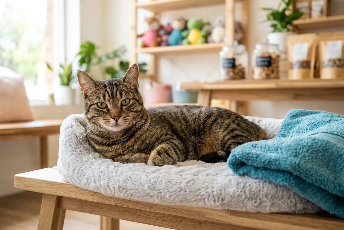 tabby cat relaxed after spa