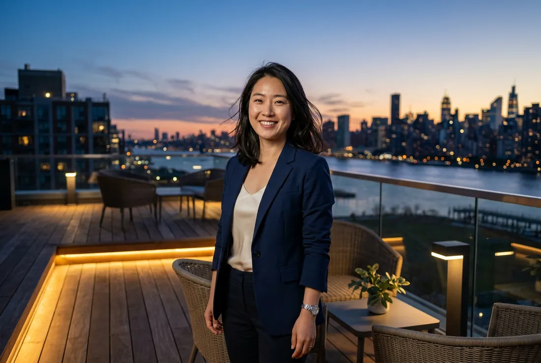 Soo-jin Park, mid-30s realtor, warm confident smile, standing on a LIC rooftop with the skyline softly out of focus behind her