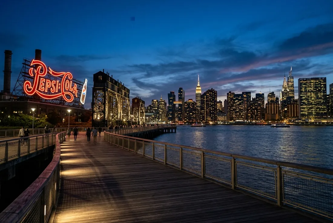 Gantry Plaza State Park boardwalk with the Pepsi-Cola sign, skyline across the river