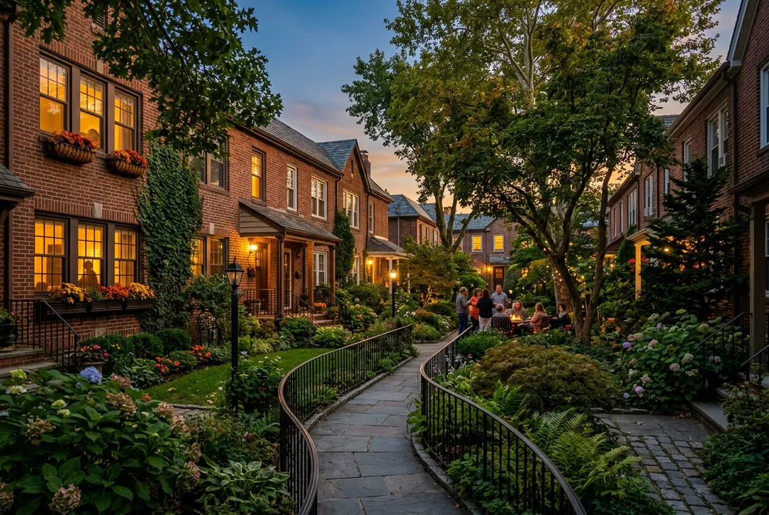 Sunnyside Gardens leafy courtyard homes, brick rowhouses
