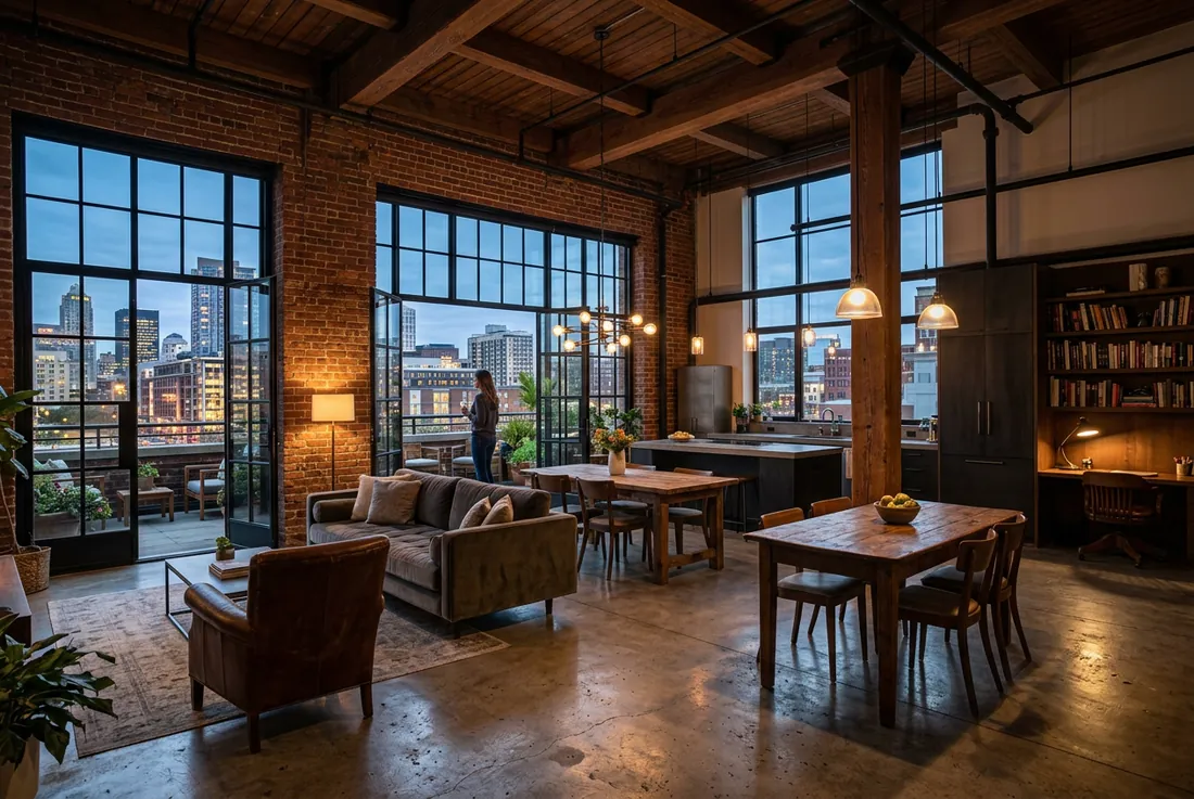 converted warehouse loft, exposed brick + black-steel windows, morning light pooling on concrete