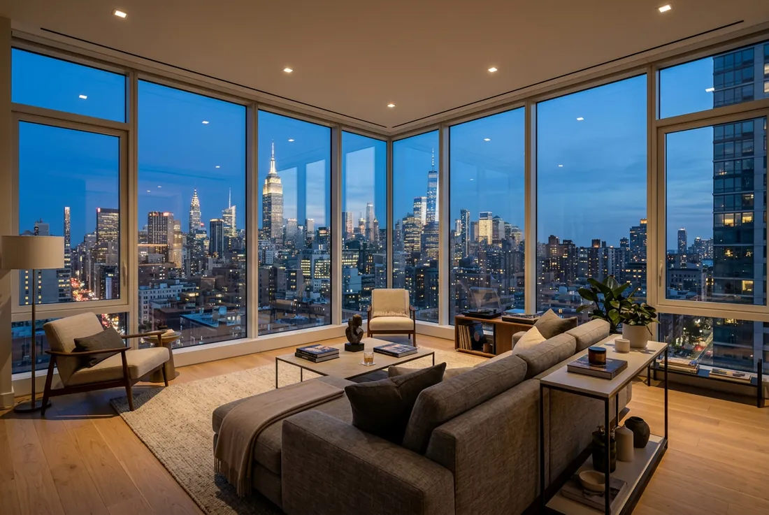 corner penthouse living room, floor-to-ceiling glass framing the Manhattan skyline at dusk, white-oak floors