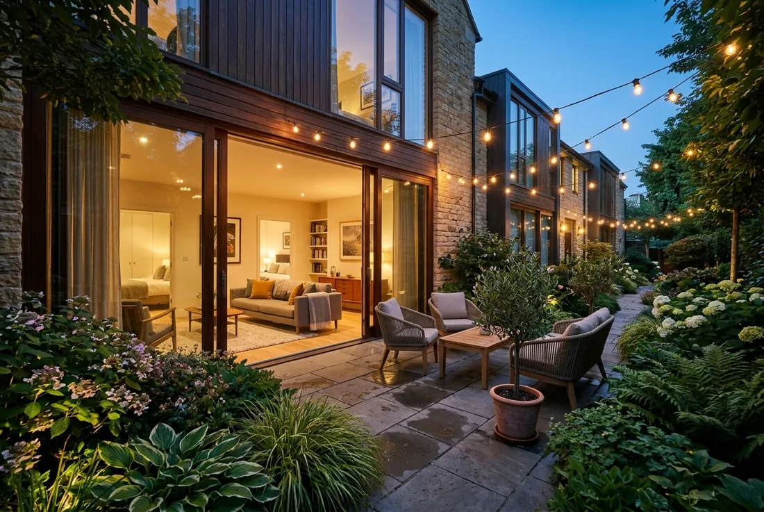 garden-level two-bed opening to a private planted patio, bluestone pavers, string lights at twilight