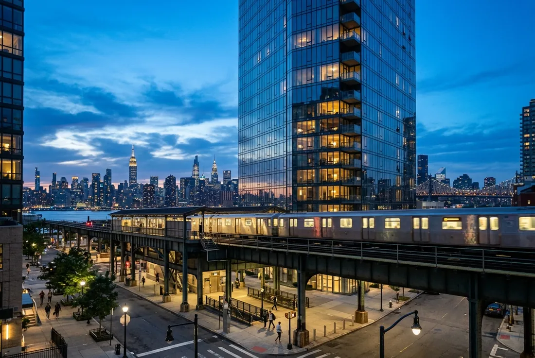 glass towers at Court Square, the 7 train crossing overhead