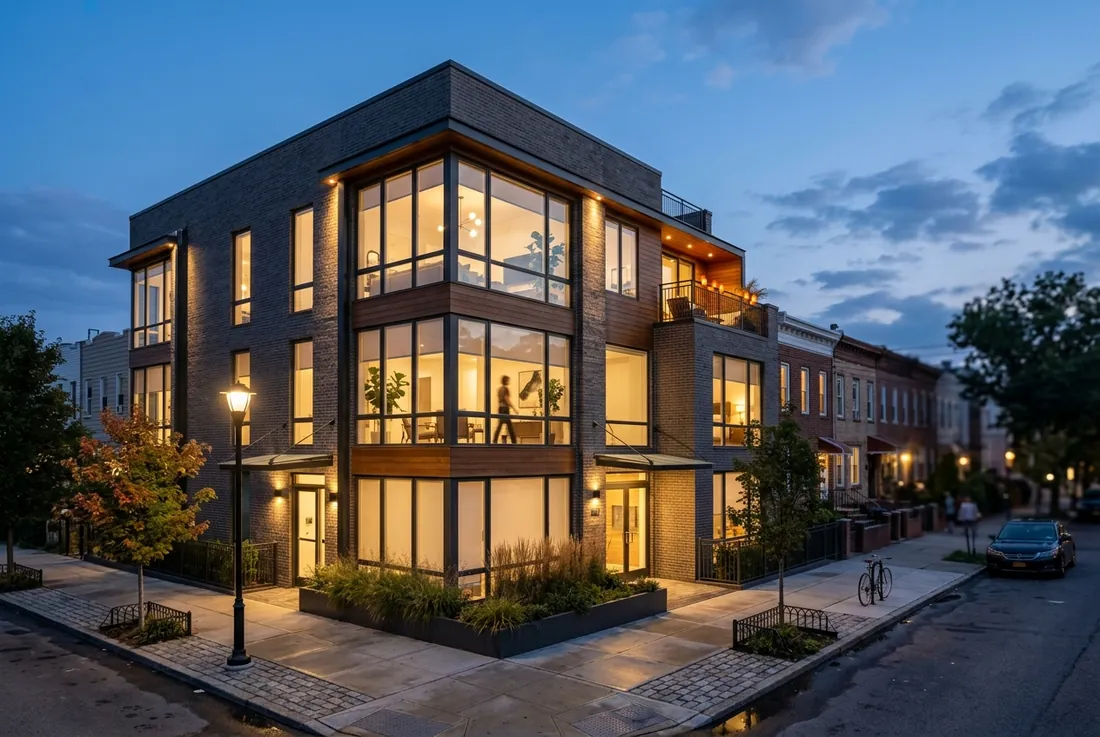 quiet low-rise Dutch Kills street, new boutique condo on the corner