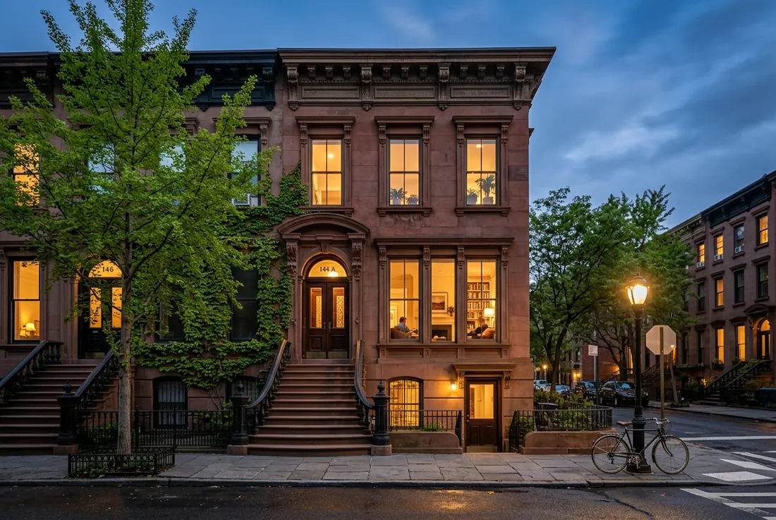 restored two-family brownstone facade, original stoop and cornice, ivy and a young maple out front