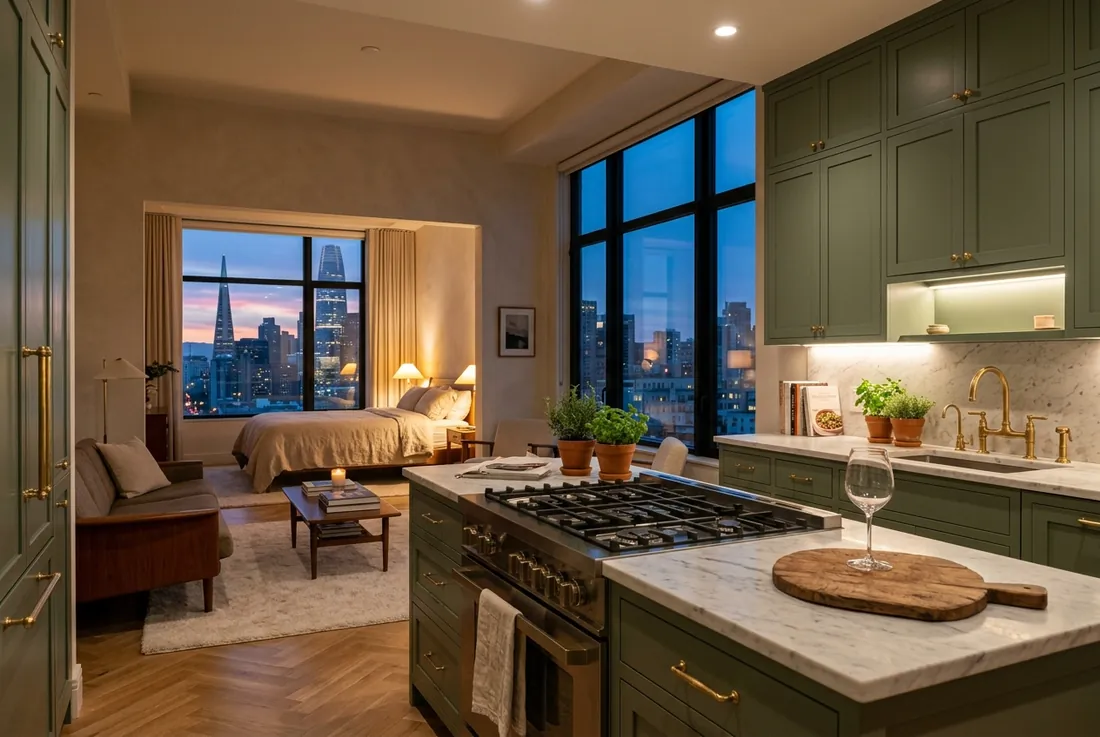 sunny one-bed with chef kitchen, matte-green cabinetry, brass fixtures, skyline peek from the bedroom