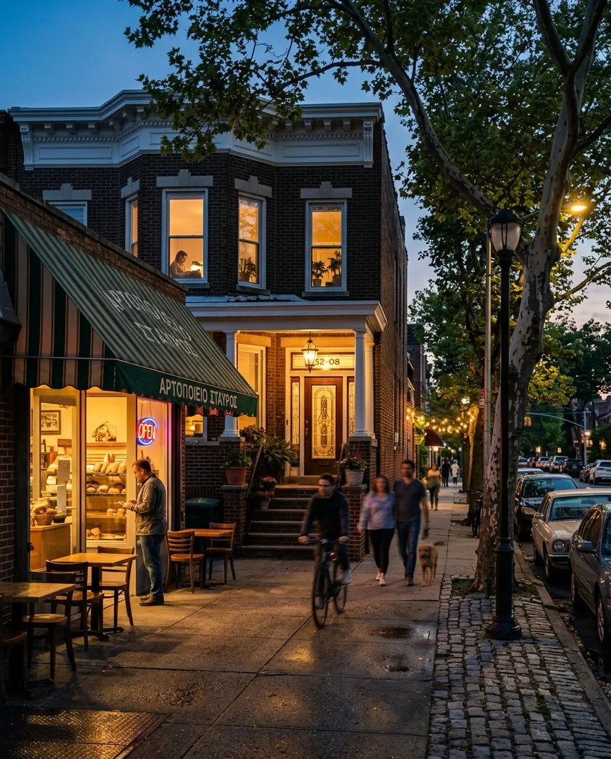 tree-lined Astoria block, cafés and a Greek bakery awning