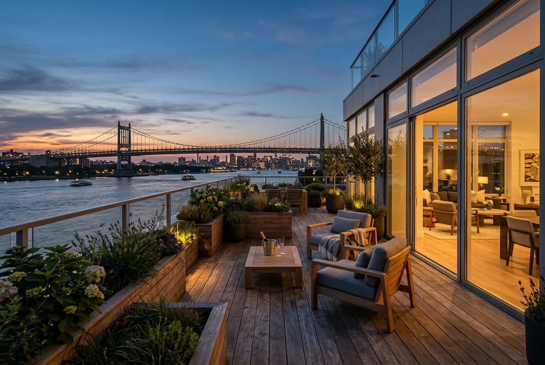 waterfront duplex terrace at golden hour, East River + RFK Bridge behind, teak deck and planters
