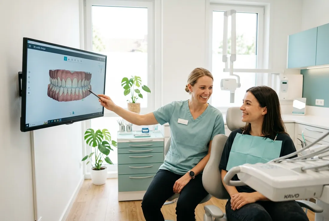 Consult: dentist and patient reviewing a 3D smile model together on a wall monitor