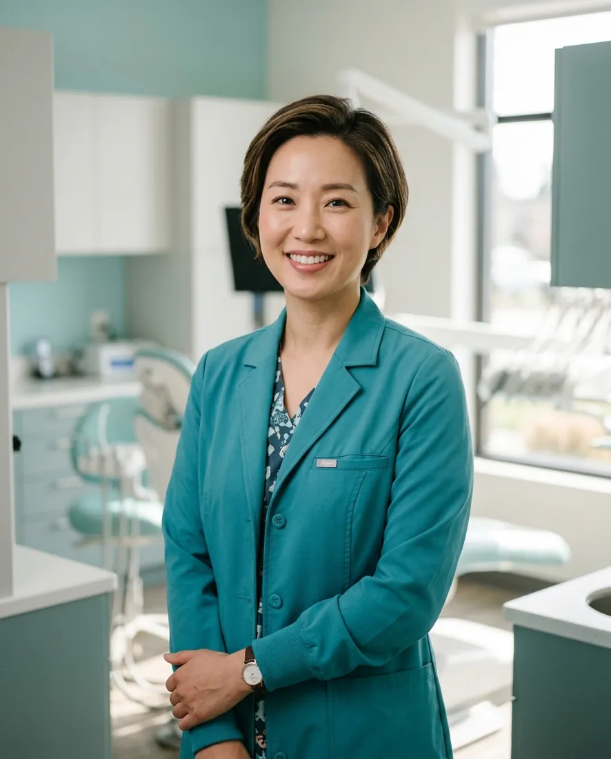 Headshot: Dr. Cho in a clean teal scrub coat, warm confident smile, bright studio background