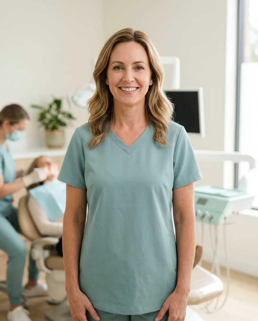 Headshot: Dr. Ellison, friendly mid-40s dentist, arms relaxed, soft off-white background