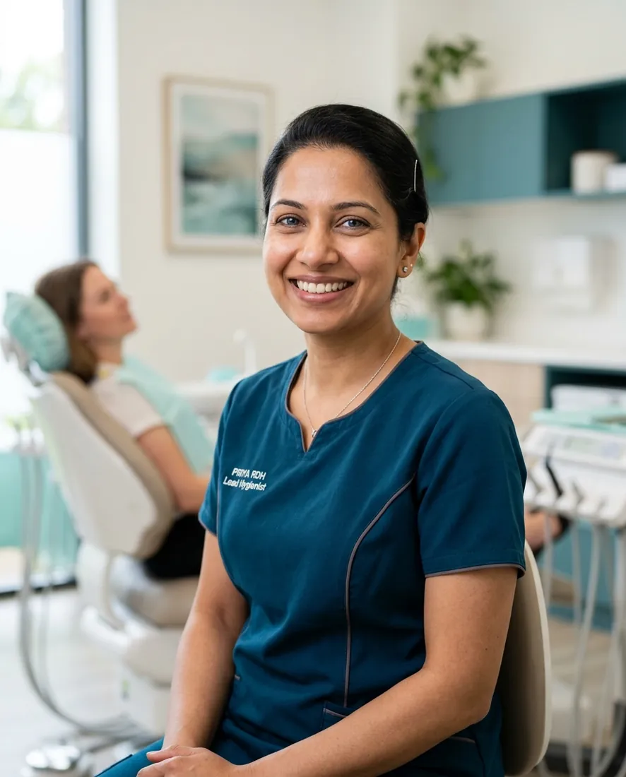 Headshot: Priya, lead hygienist, kind smile, teal accent, natural light portrait